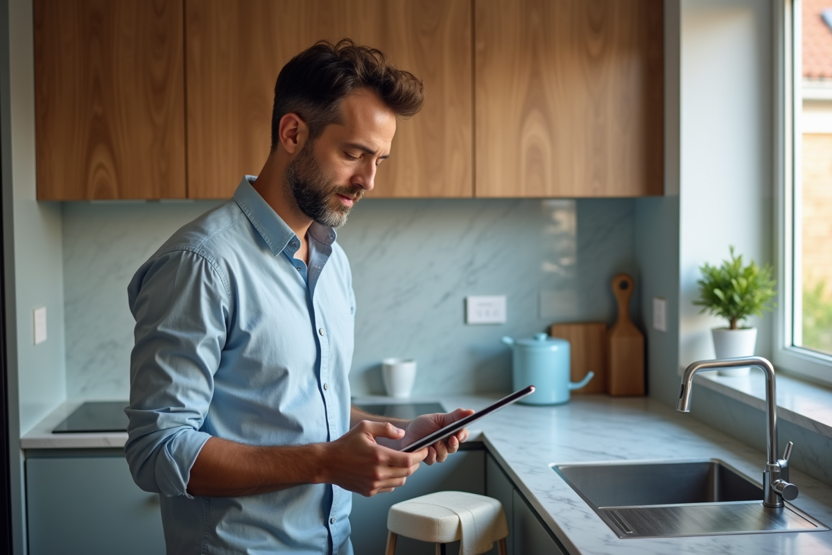 Homme freelance créant une facture avec une tablette