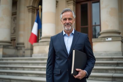 Homme politique en costume dans un bâtiment officiel français