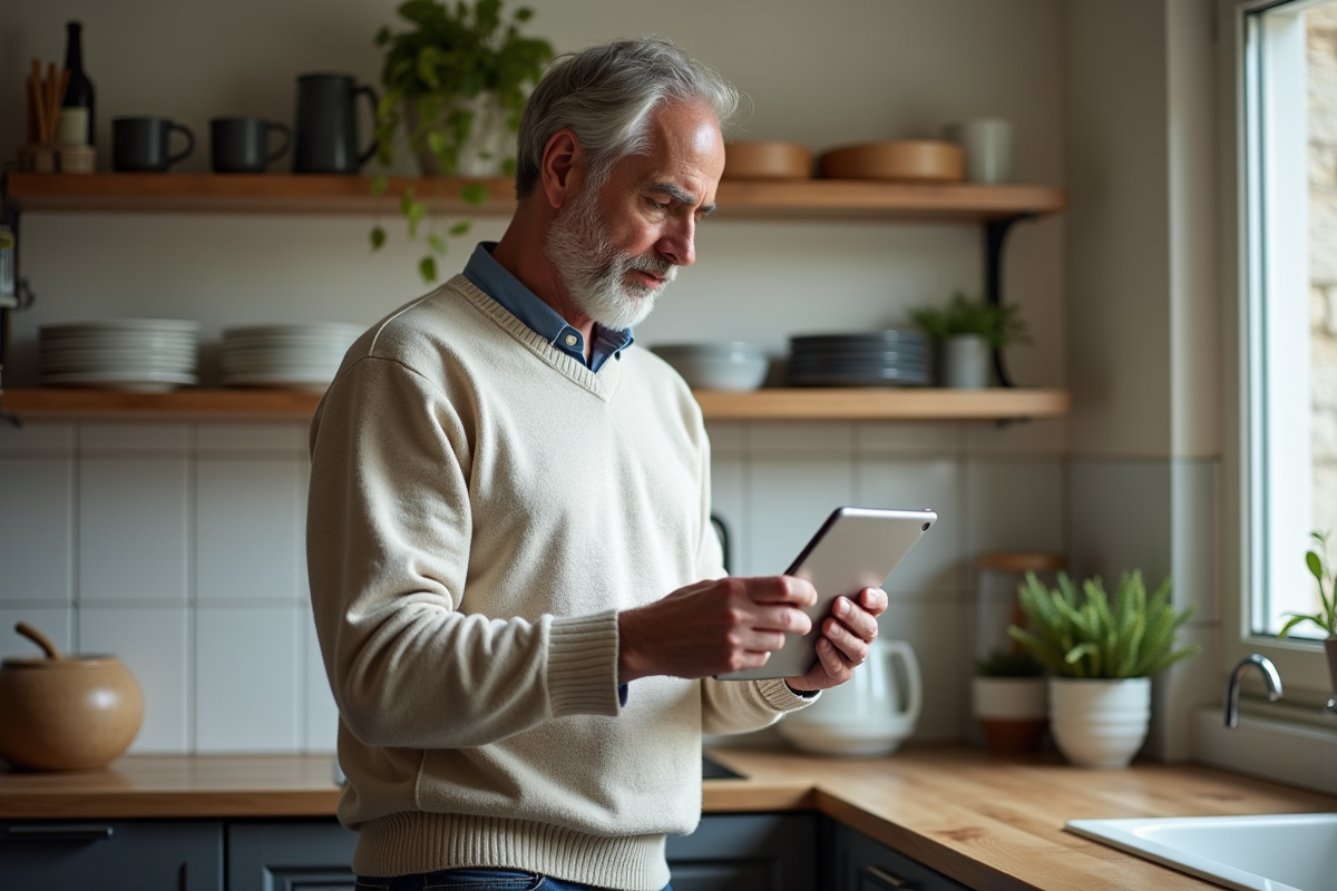 Homme en casual utilisant une tablette pour consulter iledefrance