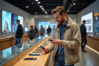 Homme examinant un téléphone dans un magasin d'électronique