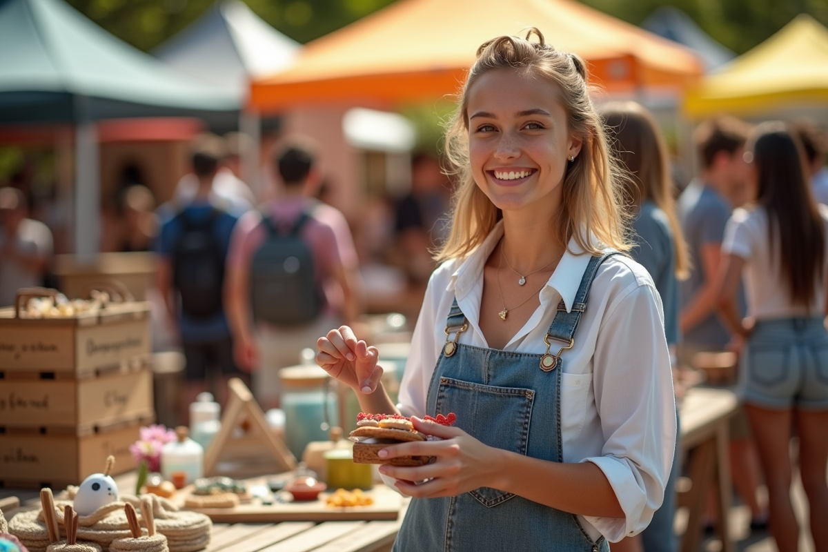 Jeune entrepreneur souriant présentant un produit fait main en marché
