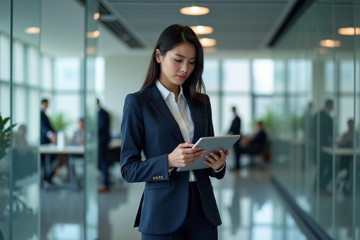 Jeune femme d'affaires en costume dans un bureau moderne