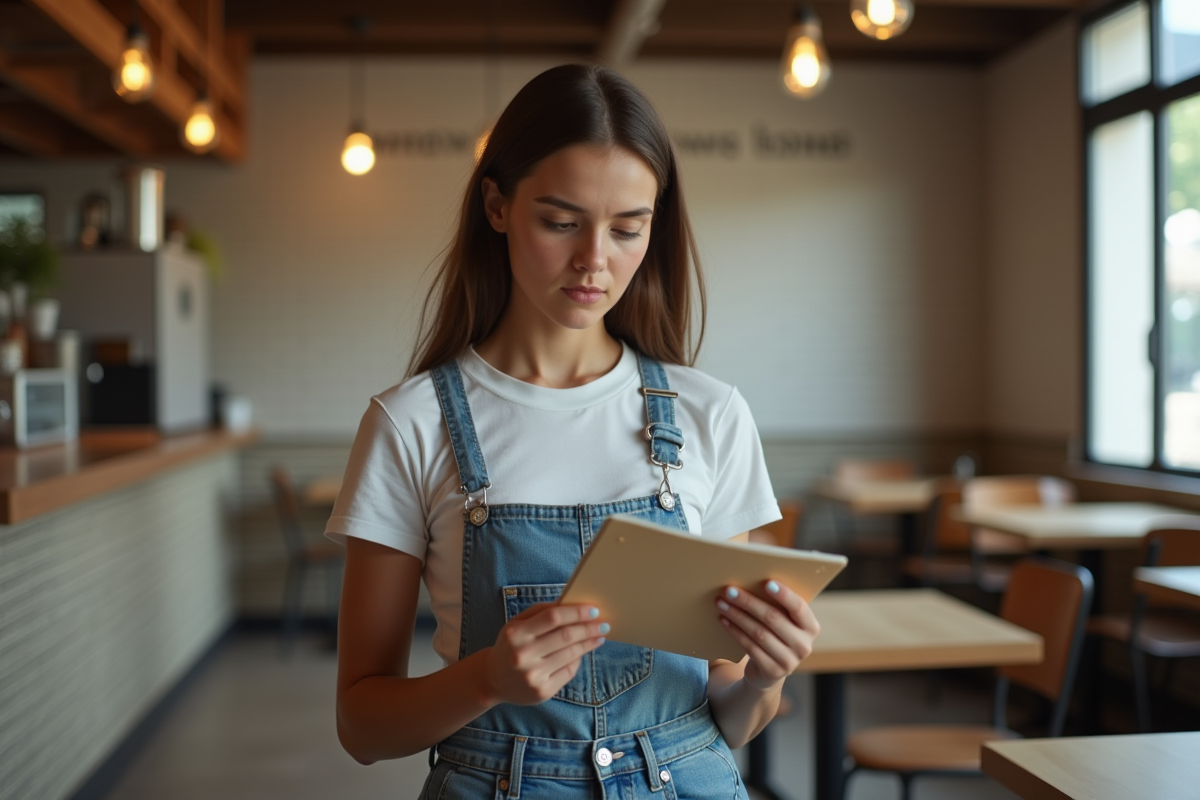 Jeune femme dans un café regardant des menus avec fatigue