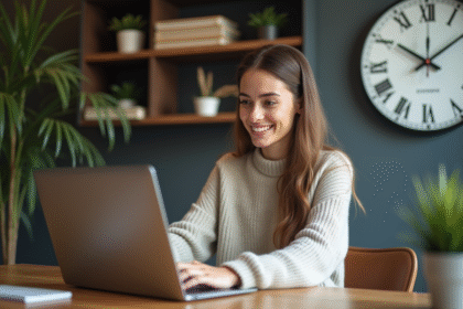 Jeune femme en home office en train d'uploader un podcast