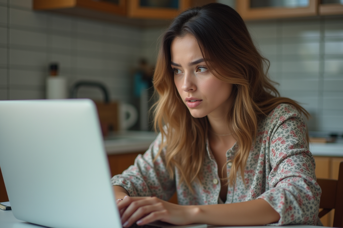Jeune femme découvrant son artwork reposté en ligne dans sa cuisine