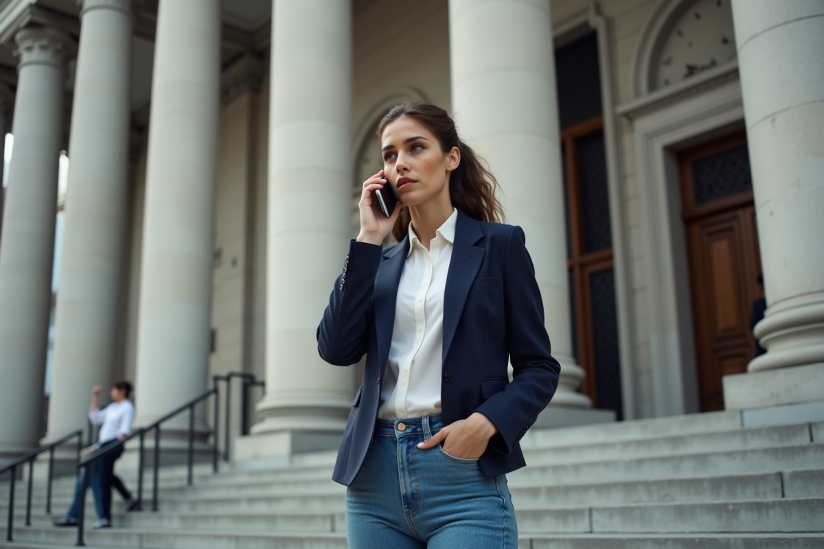 Jeune femme parle au téléphone devant un bâtiment officiel