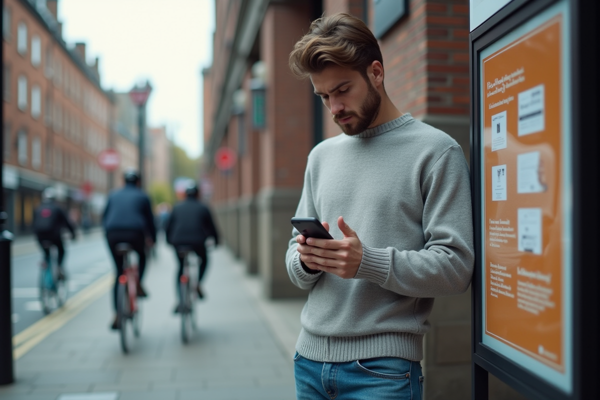 Jeune homme regardant son smartphone dans la rue urbaine