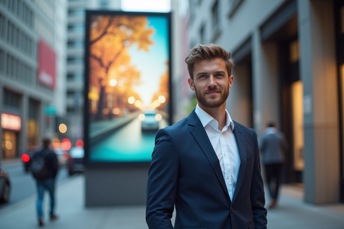 Jeune homme marketing devant une affiche publicitaire urbaine