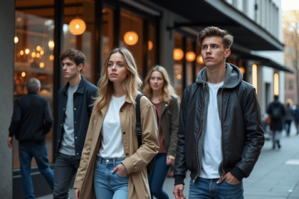 Groupe de jeunes adultes devant un restaurant moderne en ville