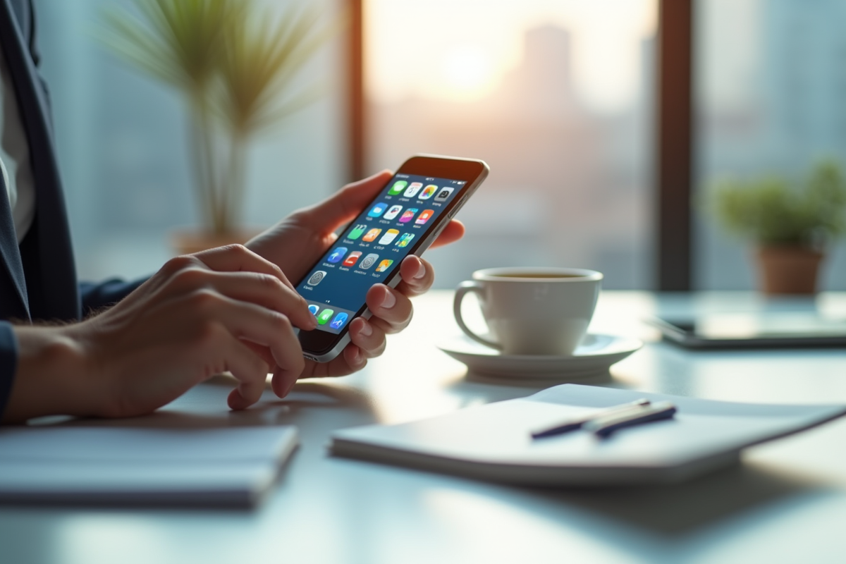 Mains tenant un smartphone avec applications sociales sur un bureau lumineux