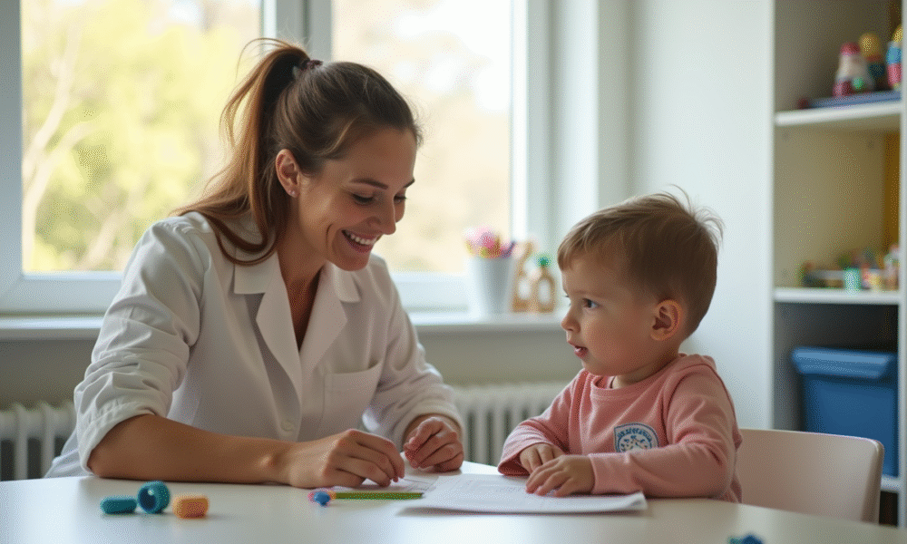 Orthophoniste aidant un enfant dans une salle lumineuse