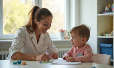 Orthophoniste aidant un enfant dans une salle lumineuse