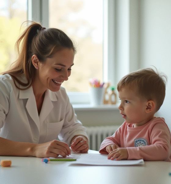 Orthophoniste aidant un enfant dans une salle lumineuse