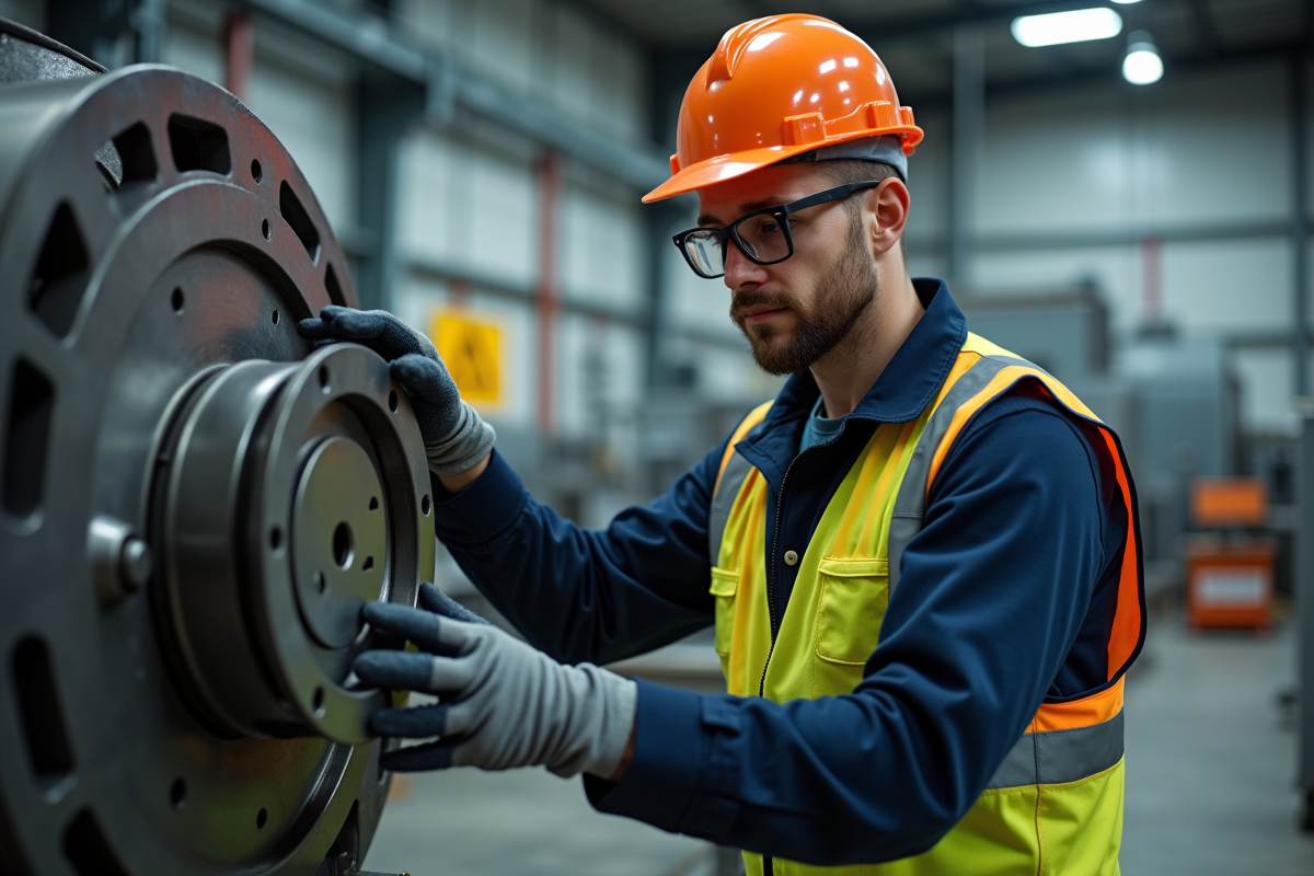 Ouvrier en tenue de travail inspectant une machine industrielle
