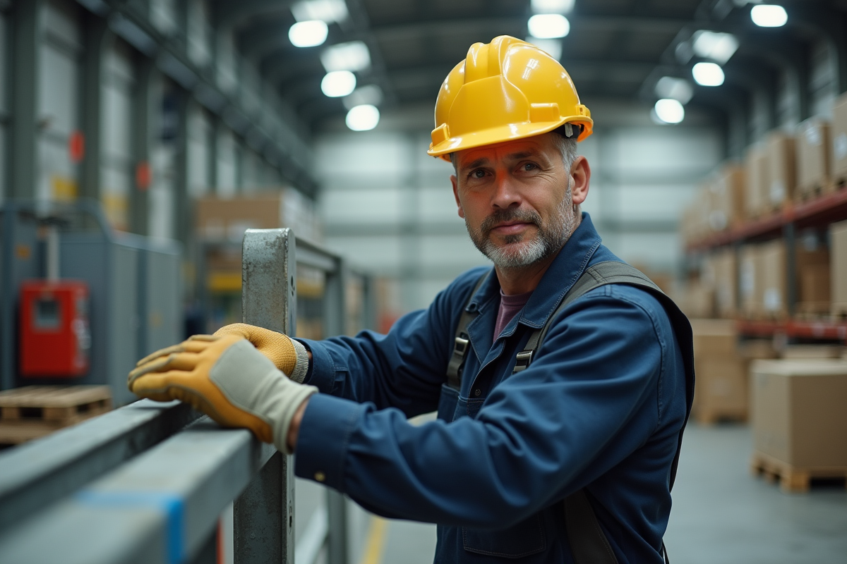 Ouvrier en combinaison bleue et casque jaune dans une usine
