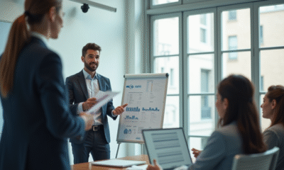 Jeune professionnel présentant des documents financiers à une équipe