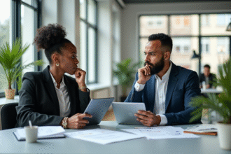 Deux professionnels en réunion avec documents et tablette pour l'innovation