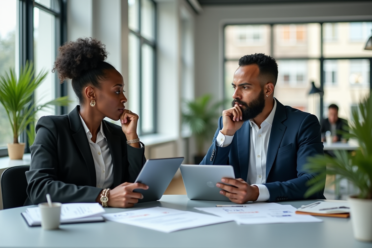 Deux professionnels en réunion avec documents et tablette pour l'innovation