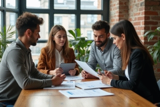 Groupe de professionnels en réunion sur la durabilite