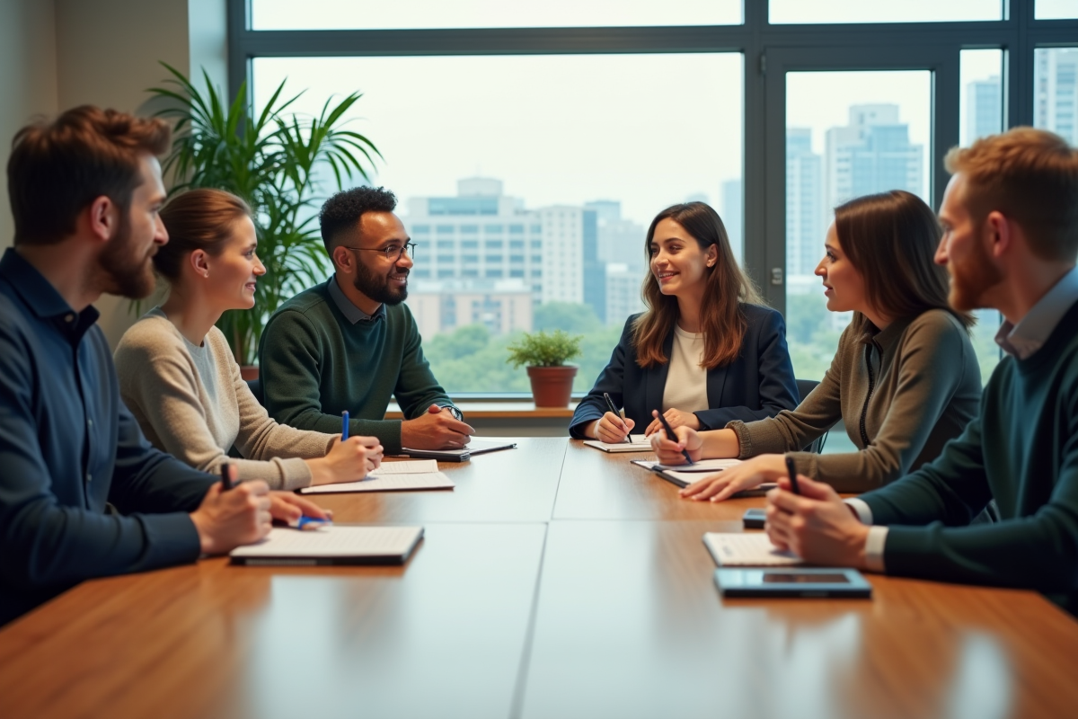 Groupe de collègues discutant autour d une table de réunion
