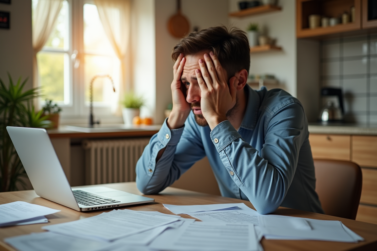 Homme inquiet à la table avec papiers et ordinateur pour les allocations