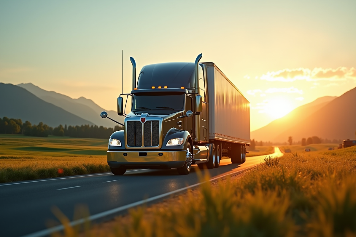 Tracteur et semi-remorque en campagne au coucher du soleil